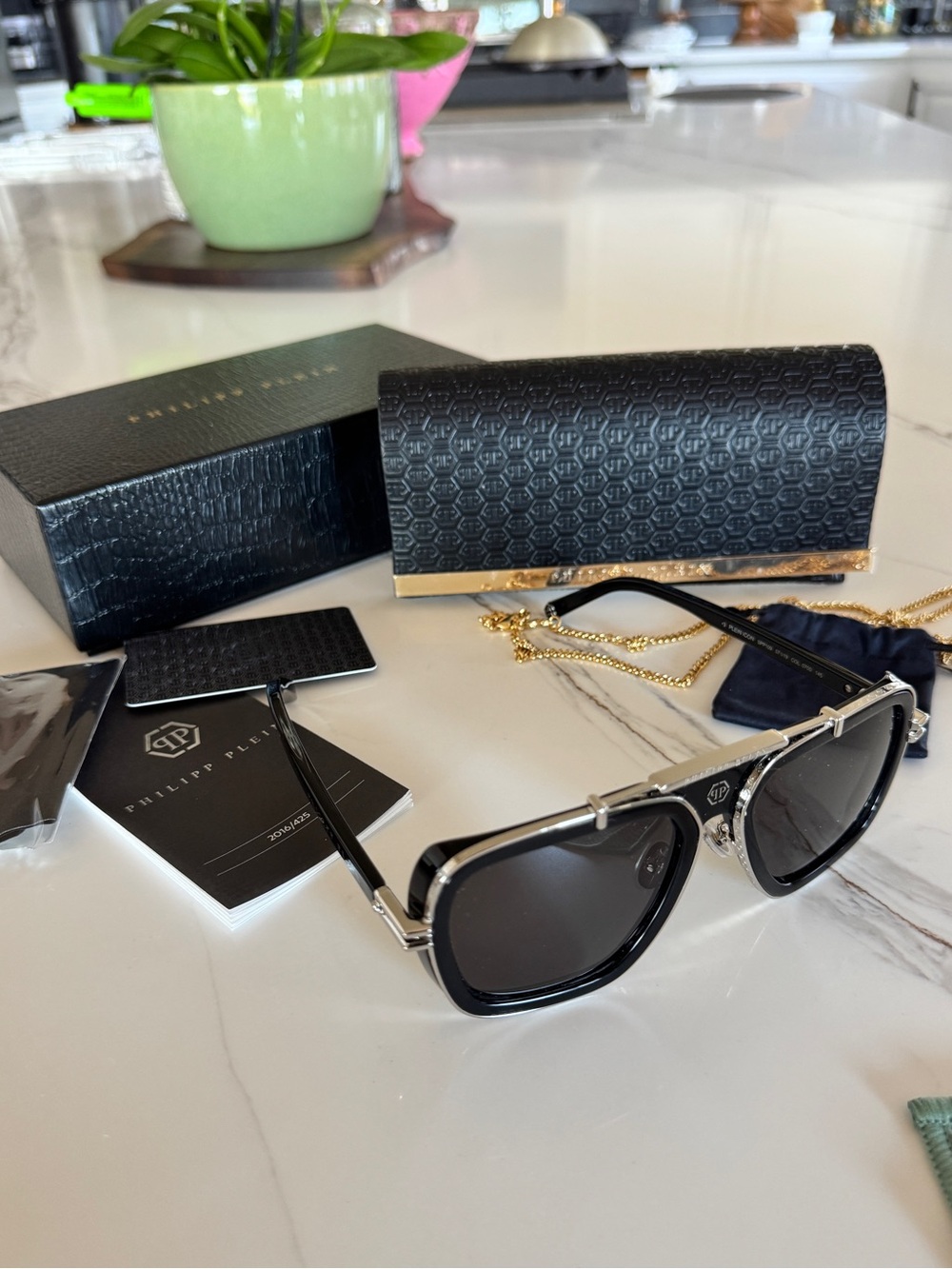 Philipp Plein Black and Silver Square Aviator Sunglasses